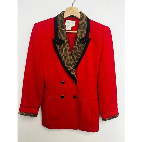 Cache Vintage Double breasted Red Leopard Trim Blazer Jacket Sz Small - Picture 1 of 13